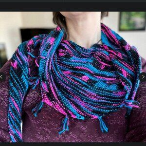 New Hot Pink Blue & Black 80s Retro-style Scarf Shawlette Hand-dyed Merino Wool